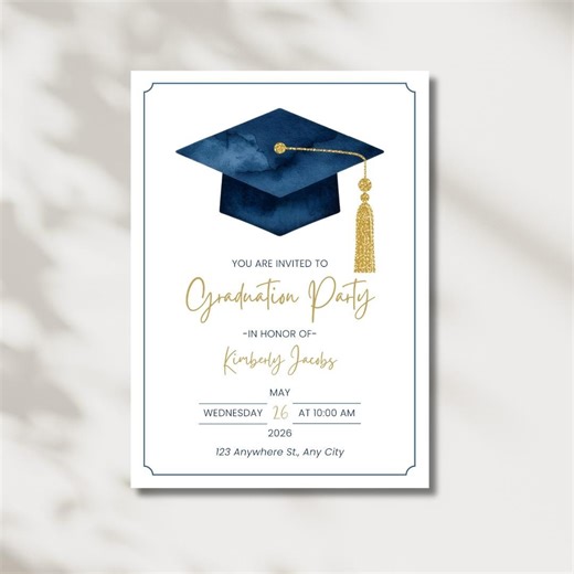 Class of 2026 Graduation Invitation, Watercolor Cap, Gold Tassel (editable Template) - Etsy