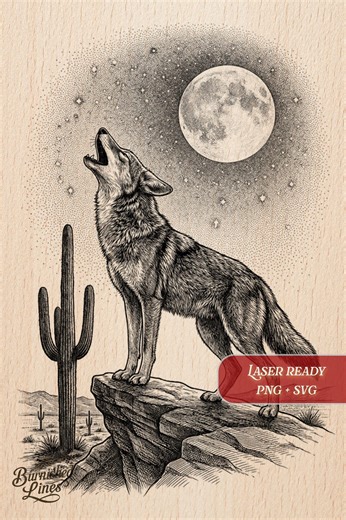 Coyote Howling Full Moon Desert Cactus | Southwest Night Scene | Laser Engraving PNG | Pyrography - Etsy