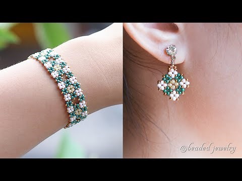 Cluster diamond jewelry set with only seed beads. Bracelet and earrings. Beading tutorial