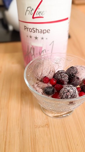 FitLine on Instagram: "Warm days, cool ideas🍦 Try this amazing ProShape Berry ice cream topped with fresh fruit 🫐🍓 All you need is: 🫐FitLine ProShape Berry 🥛230ml milk 🍓Frozen berries #proshape #fitline #berries #icecream"