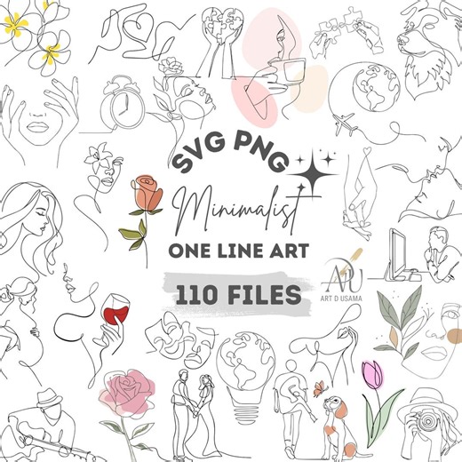 Minimalist One Line Art SVG Bundle, Floral, Faces, PNG Animals Living Room Home Decor - Etsy