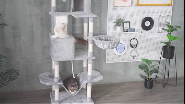 PawHut Γάτας Scratch Post Υψηλού Ύψους 206 εκ. Δέντρο Γάτας με Πλατφόρμες, Σπηλιές, Κρεμαστά Μπαλάκια και Αμμολεκάνες Ανοιχτό Γκρι