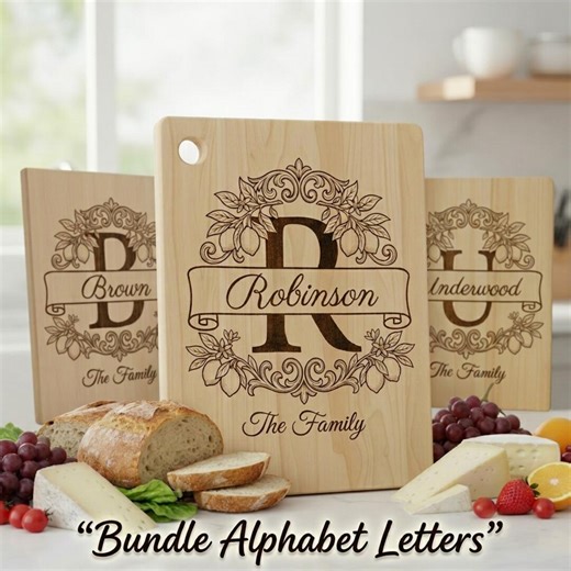 Cutting Board Svg, Lemon Branch Monogram With Custom Family Name, Laser Engraving File for Chopping Board, Alphabet Svg Bundle - Etsy