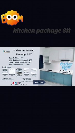 ✨Super Value Kitchen Cabinet Promo Set ! ✨Limited Time Offer❗️ ❗️ ❗️ Material : Moisture Melamine & Quartz Stone Top * Base Cabinet - 8Ft * Wall Cabinet (H720mm) - 8Ft * Quartz Stone Table Top - 8Ft * 3 Tier Drawer - 1SET ✅Free 304 S/Steel Kitchen Sink & Tap ✅Free 304 S/Steel Dish Rack ✅Free Cutlery Tray In Drawer ✅Free 3 Tier Soft Close Drawer ✅Free 100% Water Proof Sink Carcass ✅Free Soft Close Hinges - (2 Years Warranty) ✅Free Chamfer Handle (45 Degrees) ✅Free Quotation & Consultation On Site