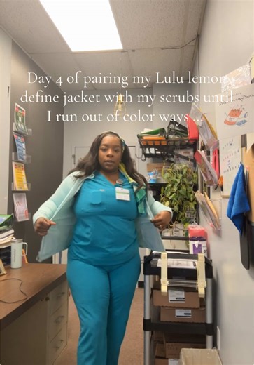 Day 4 locked and loaded. @figs -color teal Size 2xl top and bottom @lululemon define jacket -color ideal mint size 14 @BIRKENSTOCK super birki color black #nurse #scrubsoftheday