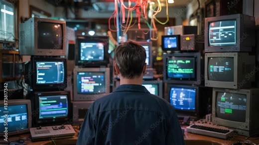 Man monitors numerous glowing vintage computer screens in a dark cluttered control room