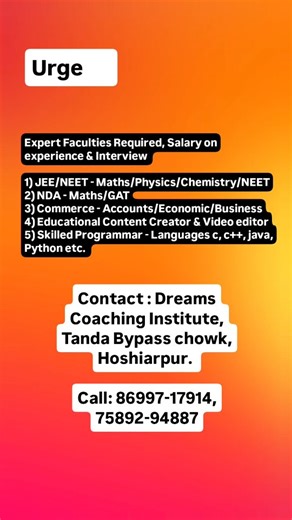 Dreams Coaching Institute Hsp | Urgent Requirements Expert Faculties Required, Salary on experience & Interview 1) JEE/NEET - Maths/Physics/Chemistry/NEET 2) NDA -... | Instagram