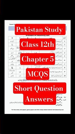 2nd Year Pak Study New Book Chapter 5 Solved Exercise MCQs and Short Questions - 12th Class Mutalia