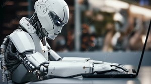 A robot sitting at a desk and working on a laptop. Concept of modern technologies and artificial intelligence. High quality 4k footage Stock Video