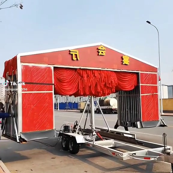 An export-oriented, multi-purpose, mobile, collapsible, and retractable tent trailer. Simple and flexible to operate, as well as economical and practical, it is suitable for a wide range of applications—including gatherings and banquets, weddings, product showrooms, mobile dance halls, party events, mobile shops, beach shelters, emergency rescue operations, field construction sites, and outdoor camping. It offers unrestricted usage regardless of time or location, boasts exceptional durability, a
