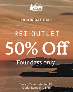 Save 50% off selected REI Outlet items thru 8/28. 🏔️🎯 Online only. While supplies last. Discount based on comparative value. | REI