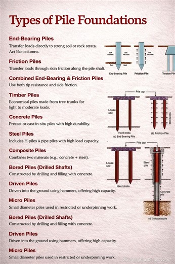 Types of Pile Foundations. Classification by Function (Load Transfer) ​This category describes how the pile transfers the structural weight into the ground. ​End-Bearing Piles: Transfer loads directly to a hard, stable layer like rock or dense sand. They act like underground columns. ​Friction Piles: Gain support through the friction or adhesion between the pile surface and the surrounding soil. ​Friction-cum-End-Bearing Piles: Use a combination of both tip resistance and shaft friction for supp