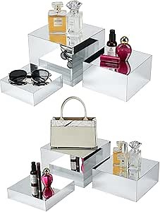 Display Riser Stands, 6pcs Silver Mirror Riser Stand, Acrylic Square Display Boxes, Tiered Food Display Buffet Riser, Purse Stand, Retail Product Showcase for Perfume Collection Jewelry Dessert Party