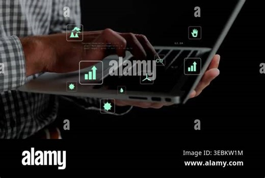 Male holding laptop lefthand, typing righthand in studio, causing eco overlays shifting: chart, CO2. Computer, hands, keyboard, analytics, indicators, code, moody Stock Video Footage - Alamy