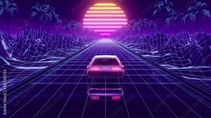 Loop Car and background neon retro wave 80s style