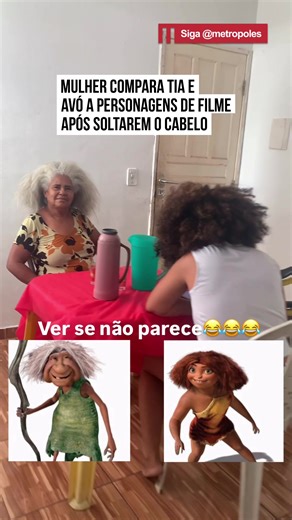 😅 Às vezes, basta um detalhe para a #imaginação entrar em #ação. Foi o que aconteceu com Taiane. Ao ver a tia e a avó soltarem o cabelo ao mesmo tempo, a jovem não resistiu e fez uma comparação imediata com personagens do filme #TheCroods. #TikTokNotícias 🤳 @tayy_zlx | @dommedia.br