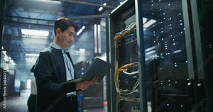 Asian Software Developer Analyzing System Performance Metrics on a Laptop Computer Inside a Modern Data Center. Technical Manager Inspecting Critical AI Hardware and Infrastructure
