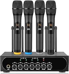LiNKFOR Portable UHF 4 Channel Wireless Microphone System with Four Handheld Wireless Microphone, Bluetooth Wireless Connection for Mobliephones, 50 * 4 Frequencies, with Echo, AUX Input & Output