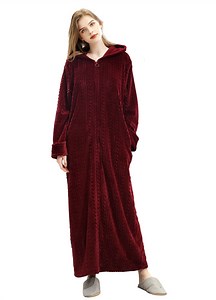 LOFIR Womens Hooded Plush Robe, Zip up Front Soft Fleece Robes for Women (L/XL, Wine Red)