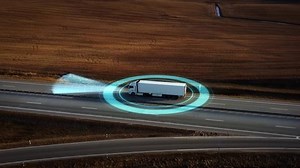 Concept of smart transportation and trucking. Driverless truck scans the road and moves without a driver. Autonomous smart delivery van on highway. Intelligent auto. Ai technology. Autopilot vehicle.