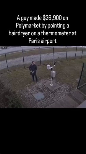 🇫🇷 Some guy pointed a hairdryer at a weather sensor, bet on the temperature spike on Polymarket, and walked away with $34,000. Twice.Météo France filed a complaint, Polymarket switched sensors, and the man is probably on a beach somewhere.Source: PA News