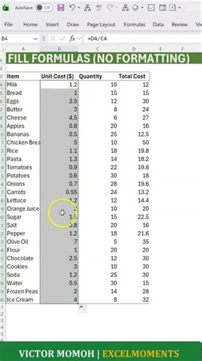 Fill formulas, no formatting in Excel