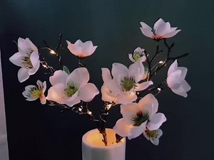 Artificial Magnolia Flowers Bouquet 6 Head Bloom Silk Magnolia Flowers Branches Stem with LED String Light for Floral Arrangements Home Table Decor Photo Props (White Magnolia, 2)