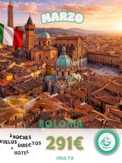 🇮🇹 BOLONIA EN MARZO DESDE 291 € (Vuelos directos hotel) Descubre Bologna, una de las ciudades con más encanto de Italia 🇮🇹✨ Cuna de la mejor gastronomía italiana, llena de pórticos históricos, plazas con ambiente y el lugar perfecto para perderse sin prisas entre cultura, sabores y vida local 🍝🏛️❤️. Una escapada ideal para disfrutar de Italia auténtica… ¡y con excursión incluida! 🧳✨ ➡ Ofertas disponibles: 📍 Desde Valencia: del 12 al 15 de marzo – 291 € por persona 📍 Desde Madrid: del 22