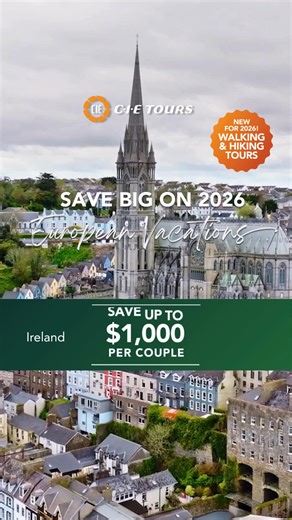 Our Best Sale of the Year! ✈️ Save up to $1,000 per couple on 2026 guided vacations across Europe. 🌍 All destinations. All tours. No blackout dates. Choose from nearly 50 itineraries—including 5 new tours—or design your dream trip with a Custom Private Driver experience. 🚗 | CIE Tours