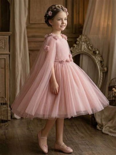 Young Girl 3D Rose Decor Pleated Tulle Princess Dress, Elegant Tulle Overlay Birthday Party Gown, Suitable For Banquet, Wedding, Formal Event, Prom, Vacation, Graduation Ceremony | SHEIN