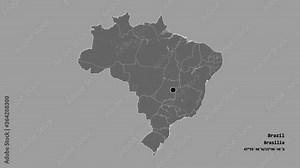 Distrito Federal, federal district of Brazil, with its capital, localized, outlined and zoomed with informative overlays on a bilevel map in the Stereographic projection. Animation 3D