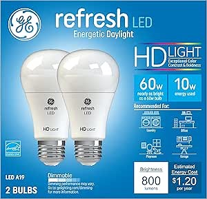 GE Lighting Refresh HD Dimmable LED Light Bulbs, A19 General Purpose (60 Watt Replacement LED Light Bulbs), 800 Lumen, Medium Base Light Bulbs, Daylight, 2-Pack LED Bulbs (36845)