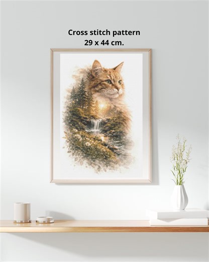 Cat Cross Stitch Pattern, Fantasy Cat Waterfall Design, Magical Nature Embroidery Art, Scenic Animal PDF 29x44 Cm - Etsy