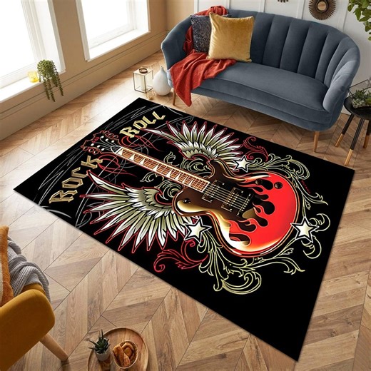 Rock Roll Electric Guitar Area Rug, Winged Guitar Floor Mat, Flame Graphic Music Room Carpet, Living Room Rug - Etsy