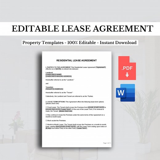 Editable Residential Lease Agreement Template (microsoft Word & PDF) - Etsy