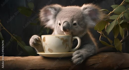 A koala holding a cup, as if savoring a drink, portraying contentment
