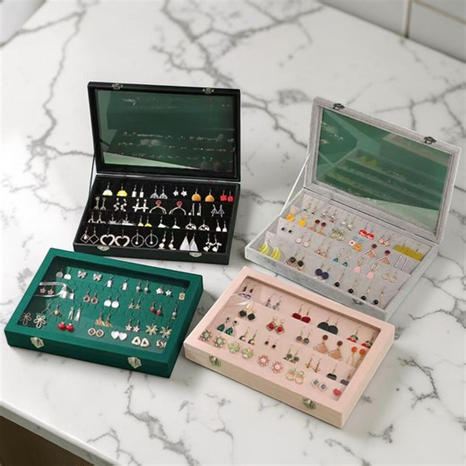 Velvet Earring Organizer Box | Large Capacity Jewelry Storage With Transparent Lid - Etsy