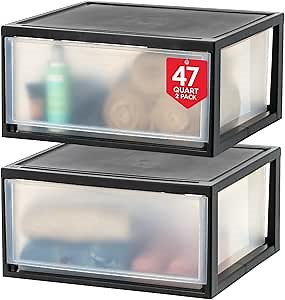 IRIS USA 47 Qt. Plastic Drawer Storage Organizer Stacking Drawers, 2-Pack, Stackable Unit with Sliding Drawer for Clothes Bedroom Kitchen Under Sink Pantry Craft Room Bathroom Dorm Office, Black