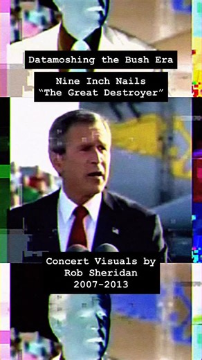 Nine Inch Nails’ “The Great Destroyer”; some raw datamoshing clips from my stage visuals, 2013 (continuing a theme we began in 2007). Short bits of these were intercut chaotically into TGD’s glitch noise jam (check my reels grid to see the whole thing), but I always liked the way these played out in full; it’s morbidly hypnotic watching the Talking Heads of American Imperialism melt and swirl into colorful digital ooze. In my forthcoming glitch art book, I’ll be exploring print adaptations of di