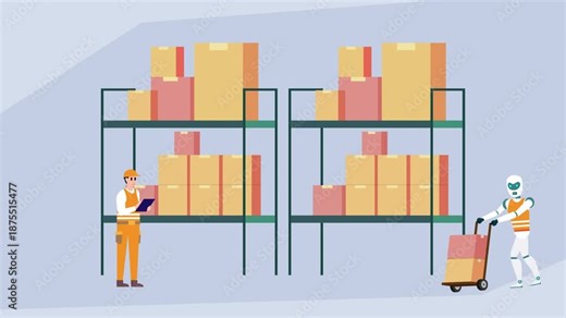 Warehouse Logistics Automation: Human Worker and Robot Collaboration in Inventory Management cartoon animation