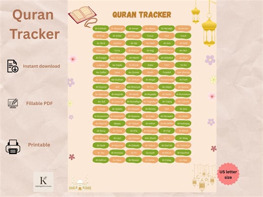 Quran Tracker Printable: Surah Reading Log, Islamic Planner (fillable PDF) - Etsy