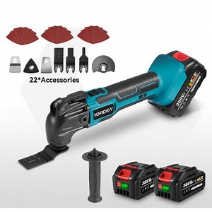 Outil Multifonction Oscillant , 6 Vitesses Réglables, avec 22 Accessoires, Angle d'Oscillation de 4°，Avec deux batteries 388vf