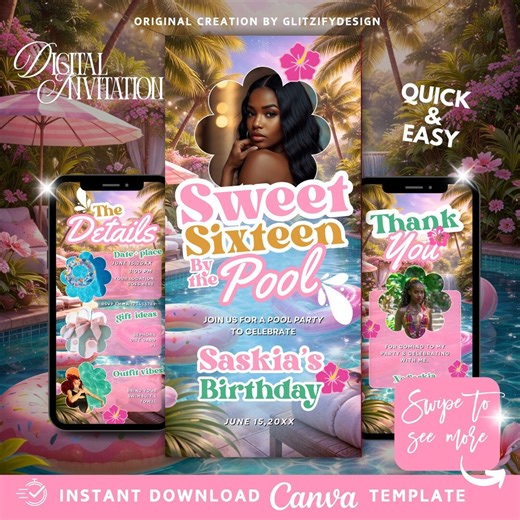 Sweet Sixteen Pool Party Invitation,girly Teen Birthday Invite,sweet 16 Pool Party Bash,summer Teen Birthday Evite,editable Canva Template - Etsy