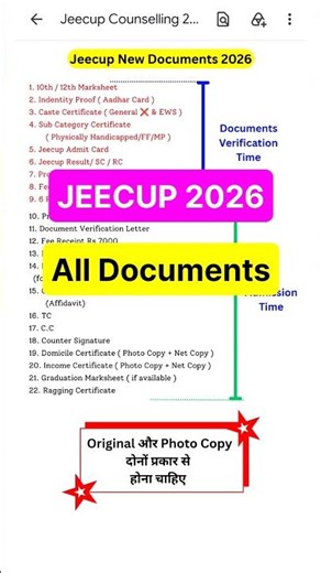 Jeecup All DV & Admission Documents 2026 || UP Polytechnic Documents List 2026