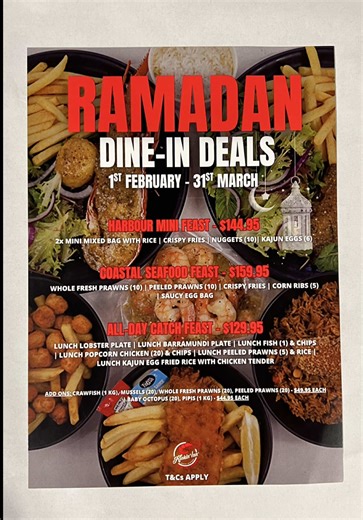 Planning iftar with friends or family this Ramadan? 👀🌙 Kickin’Inn has launched special Ramadan Sharing Deals, available all day throughout February and March, and they’re made for messy hands, big flavours, and proper sharing vibes 🦞🍤 Which one are you choosing? Harbour Mini Feast for $144.95, perfect for two. Coastal Seafood Feast for $159.95, ideal for one to two. Or the All Day Catch Feast for $129.95, made for three to four people. You can also upgrade your feast with discounted seafood 