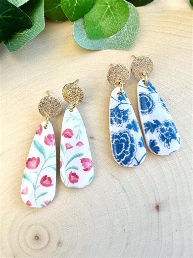 Floral Polymer Clay Dangle Earrings Hypoallergenic Gold Plated - Etsy