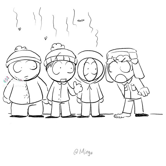 South Park Art Drawing Featuring Kenny McCormick, Kyle Broflovski, Stan Marsh, and Eric Cartman