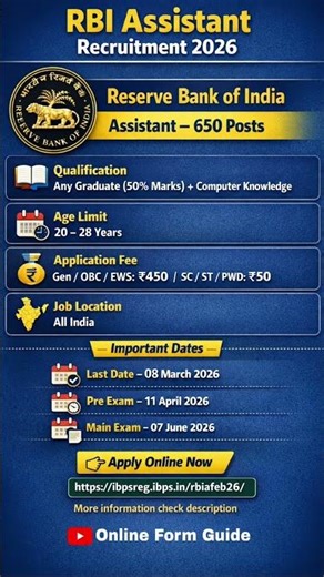 RBI Assistant Bharti 2026 | 650 Posts | RBI Assistant Recruitment 2026 #shorts #job #rbi