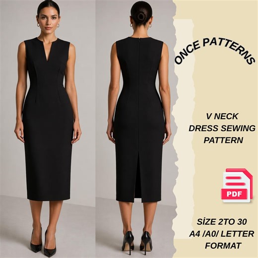 Elegant Sheath Dress Sewing Pattern PDF, V Neck Midi Dress Pattern, Fitted Dress With Darts, Sleeveless Pencil Dress, Instant Download - Etsy