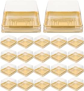 50Pcs Mini Cake Containers with Gold Base, 3 Inch Square Clear Plastic Individual Cupcake Boxes for Mini Cheesecake, Chocoflan, Muffin, Dessert Leche Boxes, Mooncake Packaging